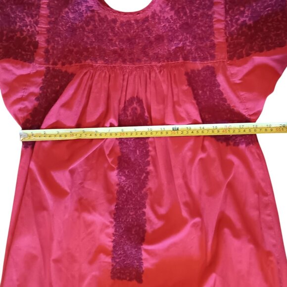 Mexican Oaxacan Red On Red Embroidered Dress Maxi Length Vintage Small Medium - Picture 9 of 16